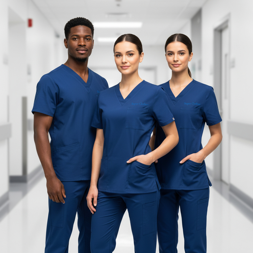 Super Clothes medical scrubs — healthcare professionals in navy scrubs
